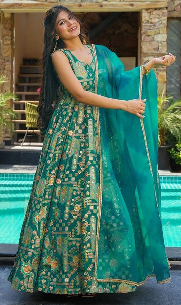 Beautiful Teal Color Silk Fabric Gown with Dupatta