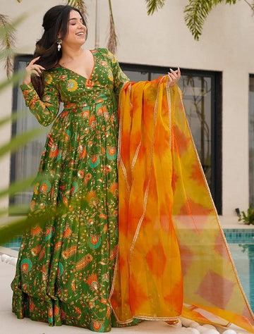Beautiful Green Color Silk Fabric Gown with Dupatta