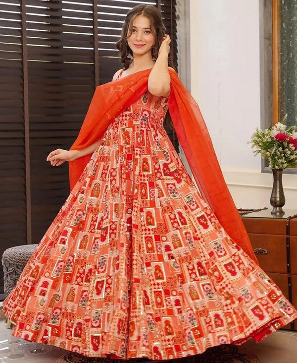 Beautiful Red Color Silk Fabric Gown with Dupatta