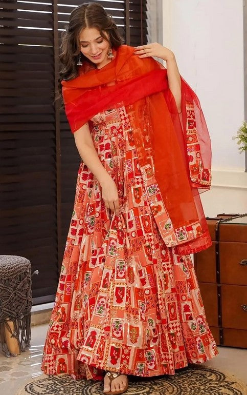 Beautiful Red Color Silk Fabric Gown with Dupatta