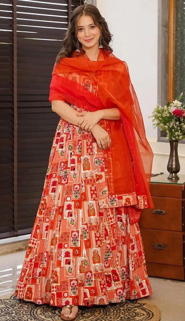 Beautiful Red Color Silk Fabric Gown with Dupatta