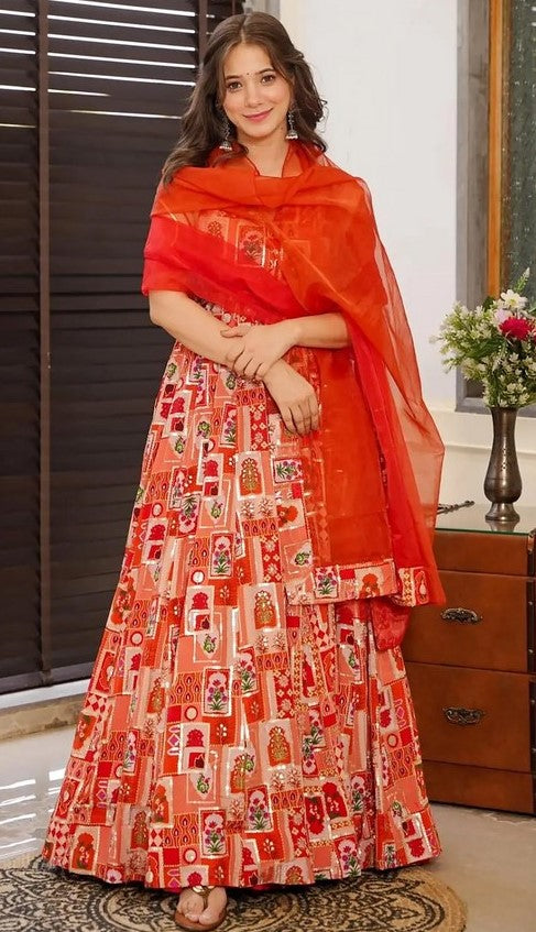 Beautiful Red Color Silk Fabric Gown with Dupatta