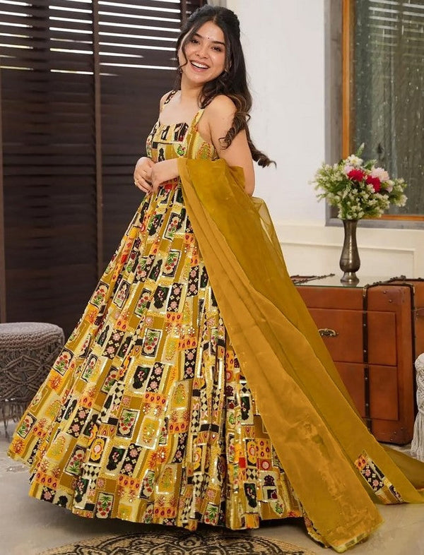 Beautiful Green Color Silk Fabric Gown with Dupatta