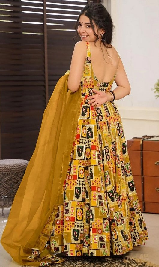 Beautiful Green Color Silk Fabric Gown with Dupatta