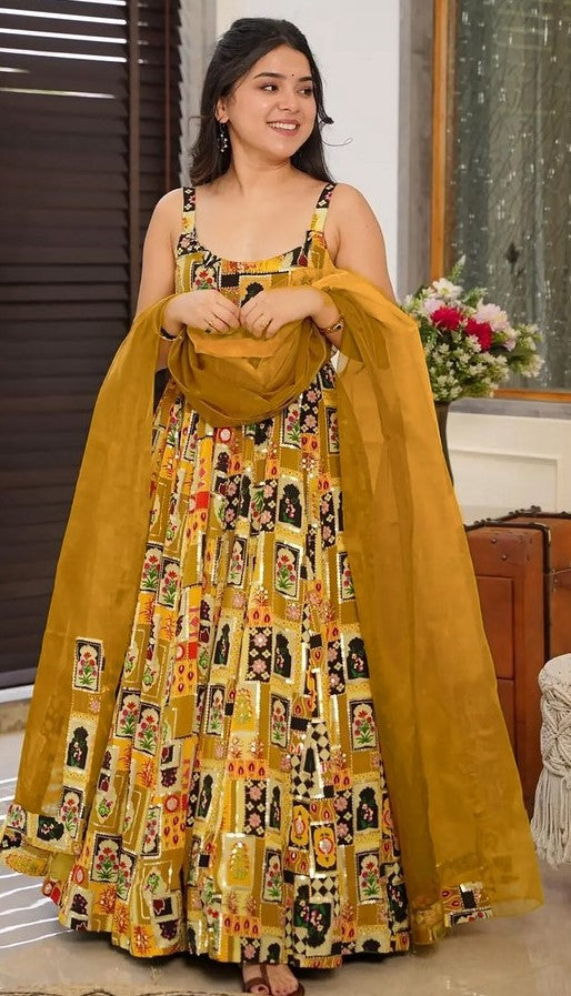 Beautiful Green Color Silk Fabric Gown with Dupatta