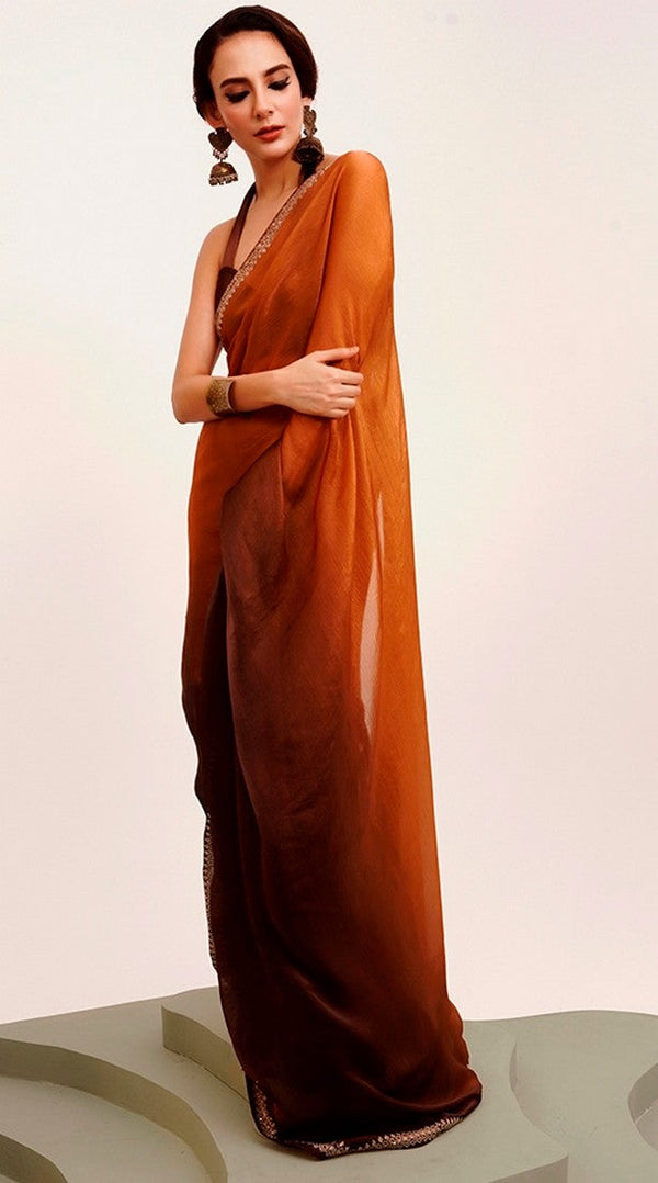 Amazing Brown Color Chiffon Fabric Designer Saree