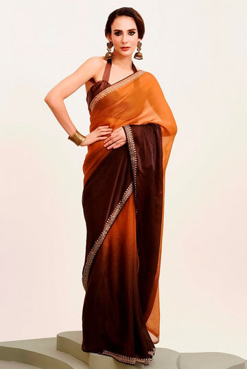 Amazing Brown Color Chiffon Fabric Designer Saree