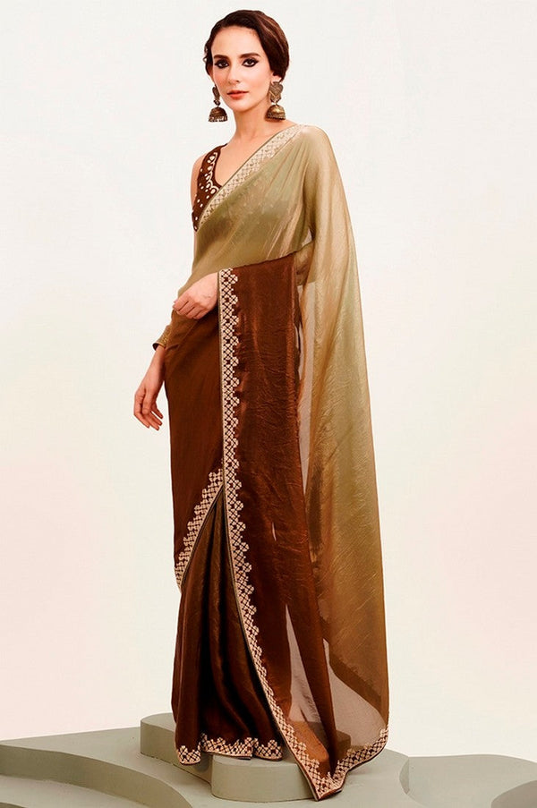 Amazing Brown Color Satin Fabric Designer Saree