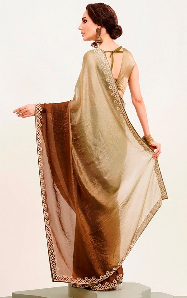 Amazing Brown Color Satin Fabric Designer Saree