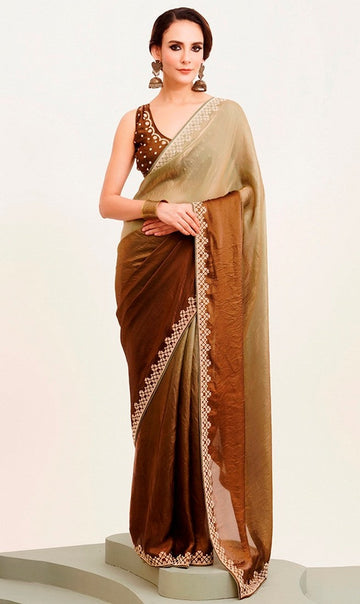 Amazing Brown Color Satin Fabric Designer Saree