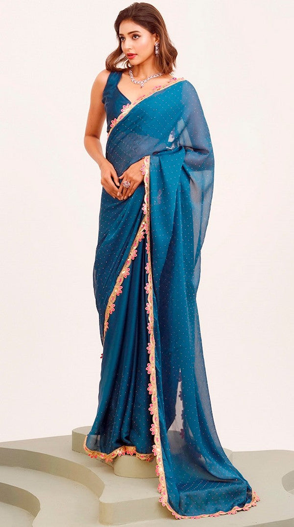 Amazing Teal Color Chiffon Fabric Casual Saree