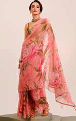 Amazing Peach Color Organza Fabric Casual Saree