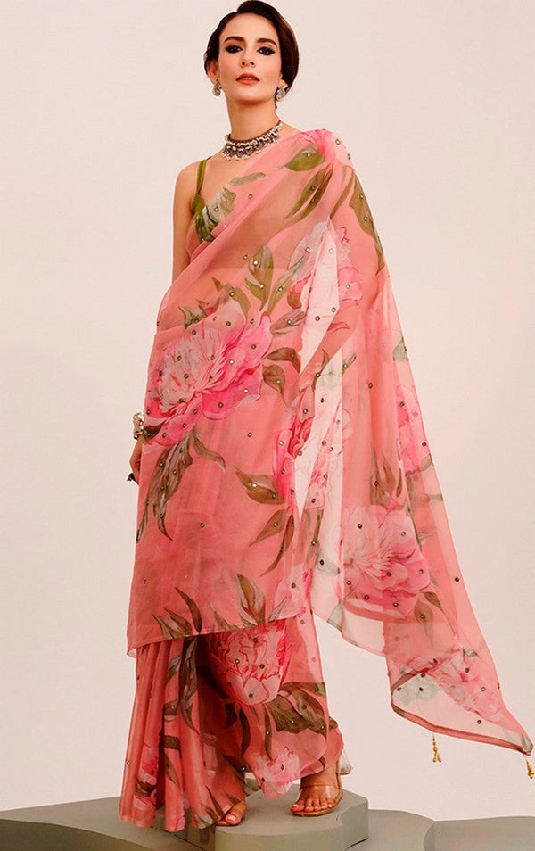 Amazing Peach Color Organza Fabric Casual Saree