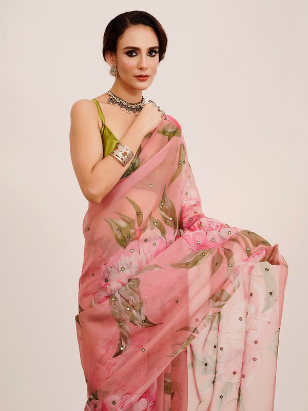 Amazing Peach Color Organza Fabric Casual Saree