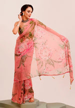 Amazing Peach Color Organza Fabric Casual Saree