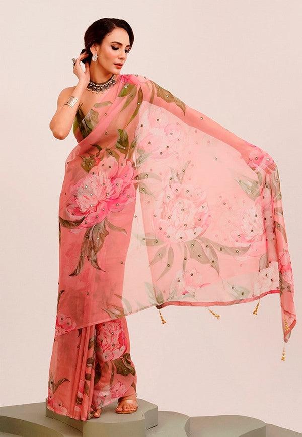 Amazing Peach Color Organza Fabric Casual Saree