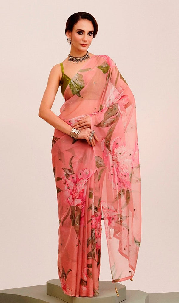 Amazing Peach Color Organza Fabric Casual Saree