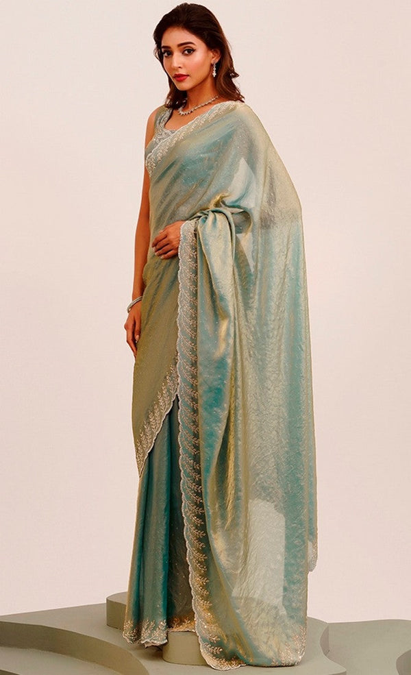 Amazing Grey Color Satin Fabric Designer Saree