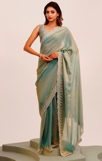 Amazing Grey Color Satin Fabric Designer Saree