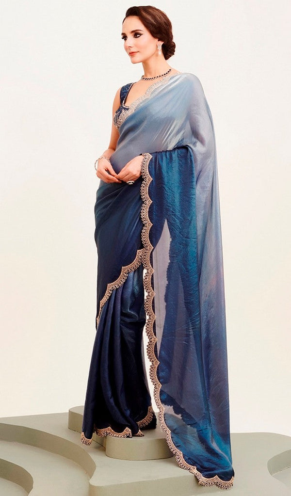 Amazing Blue Color Satin Fabric Designer Saree
