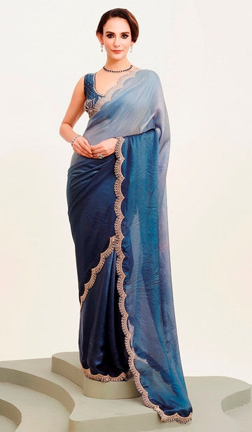 Amazing Blue Color Satin Fabric Designer Saree