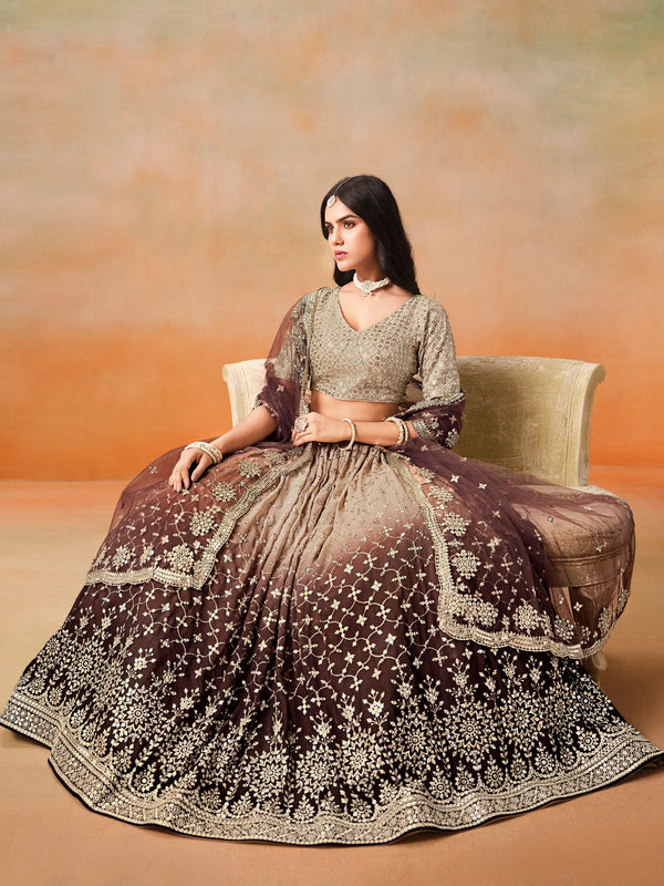 Striking Brown Color Georgette Fabric Party Wear Lehenga