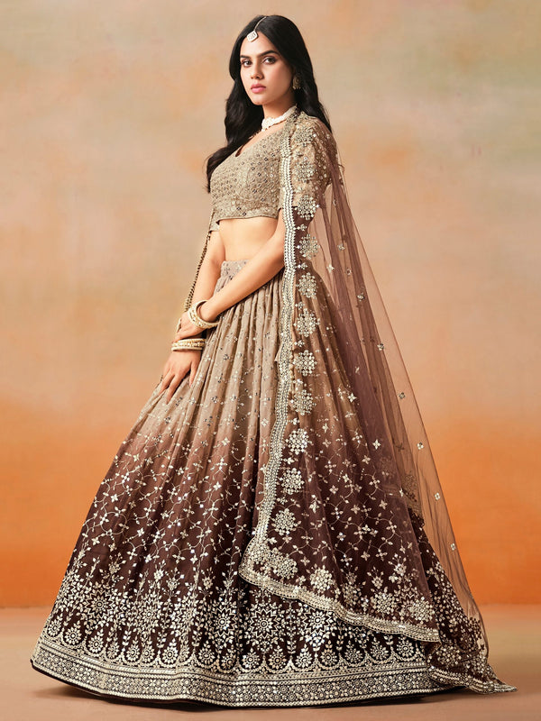 Striking Brown Color Georgette Fabric Party Wear Lehenga