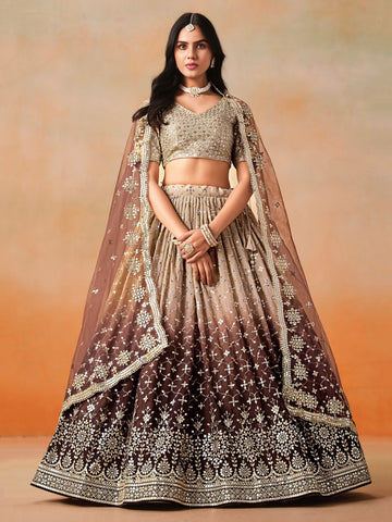 Striking Brown Color Georgette Fabric Party Wear Lehenga