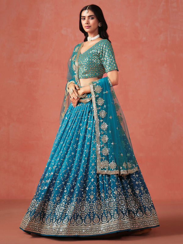 Striking Teal Color Georgette Fabric Party Wear Lehenga