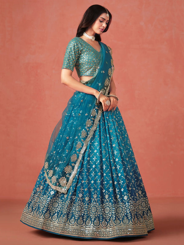 Striking Teal Color Georgette Fabric Party Wear Lehenga