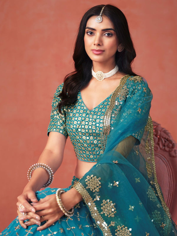Striking Teal Color Georgette Fabric Party Wear Lehenga