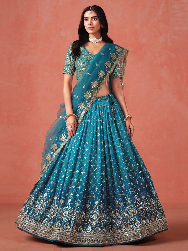 Striking Teal Color Georgette Fabric Party Wear Lehenga