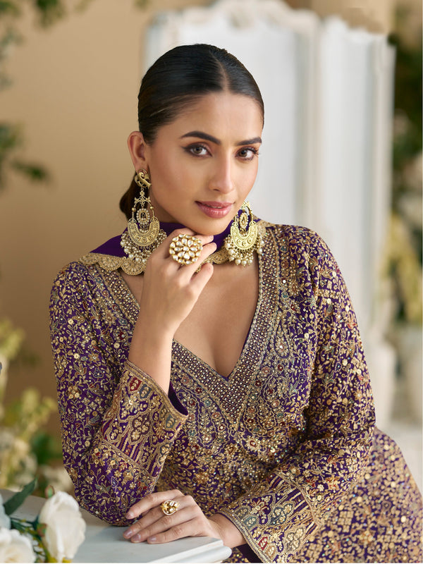 Divine Purple Color Georgette Fabric Designer Suit