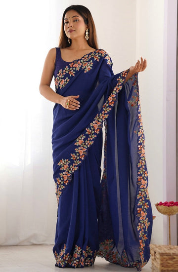 Elegant Navy Blue Color Vichitra Fabric Designer Saree