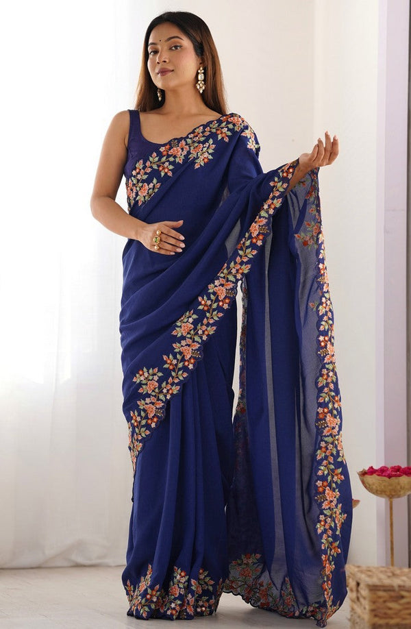 Elegant Navy Blue Color Vichitra Fabric Designer Saree