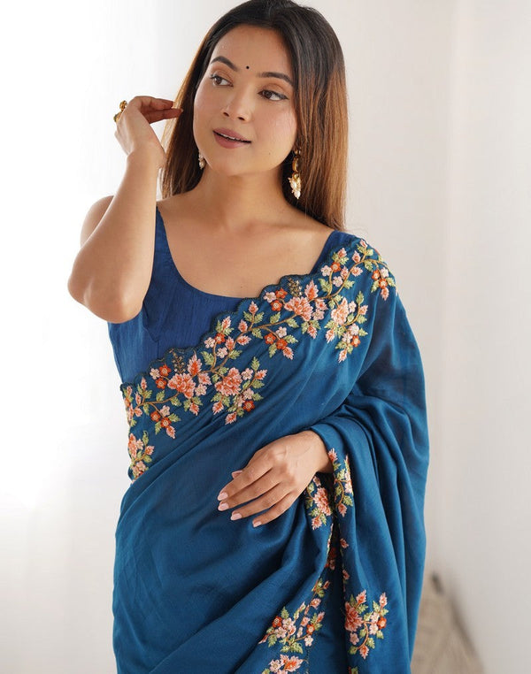 Elegant Teal Color Vichitra Fabric Designer Saree