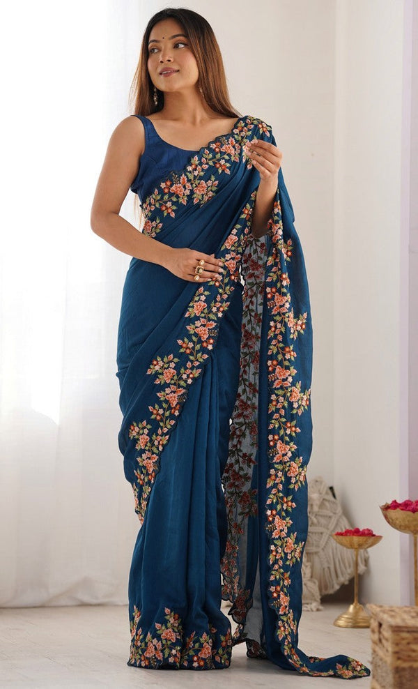 Elegant Teal Color Vichitra Fabric Designer Saree