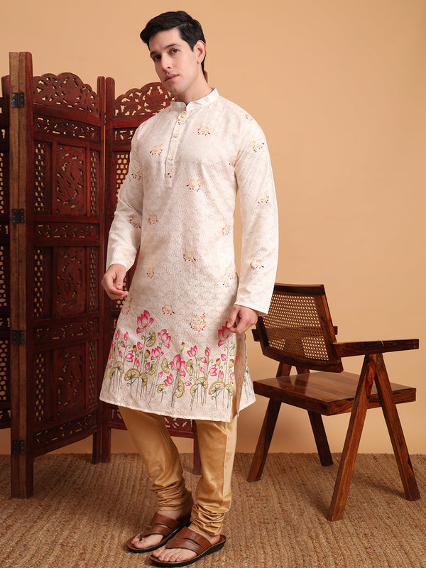Amazing Cream Color Cotton Fabric Mens Kurta