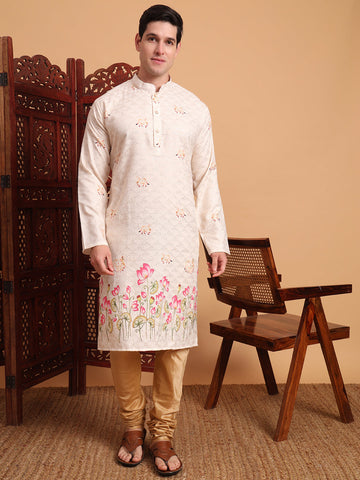 Amazing Cream Color Cotton Fabric Mens Kurta