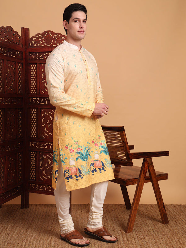 Amazing Yellow Color Cotton Fabric Mens Kurta