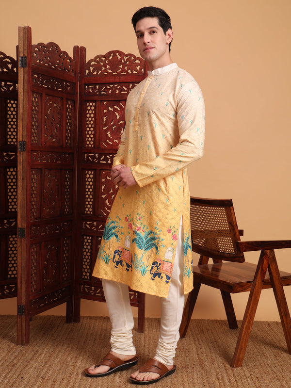 Amazing Yellow Color Cotton Fabric Mens Kurta