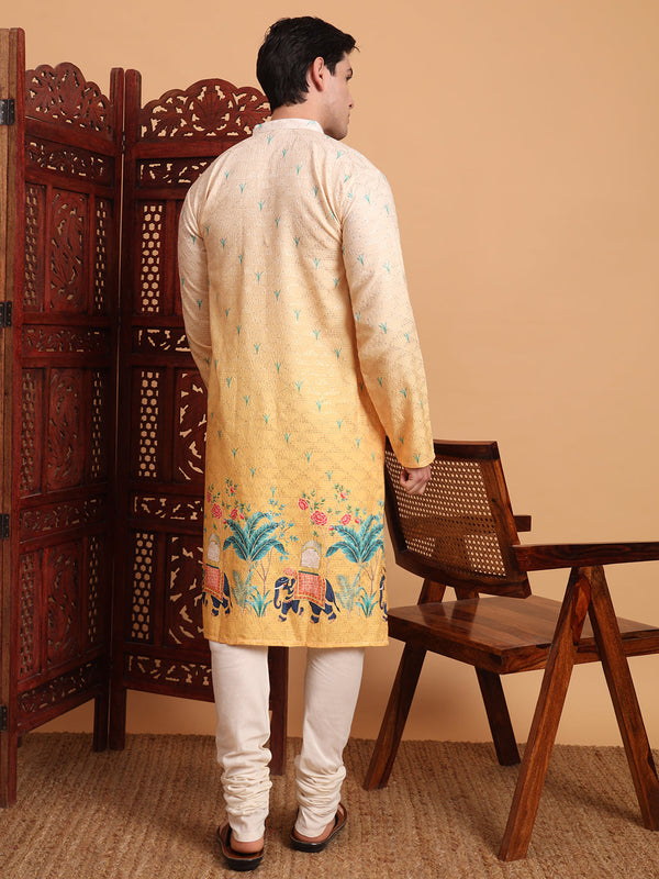 Amazing Yellow Color Cotton Fabric Mens Kurta