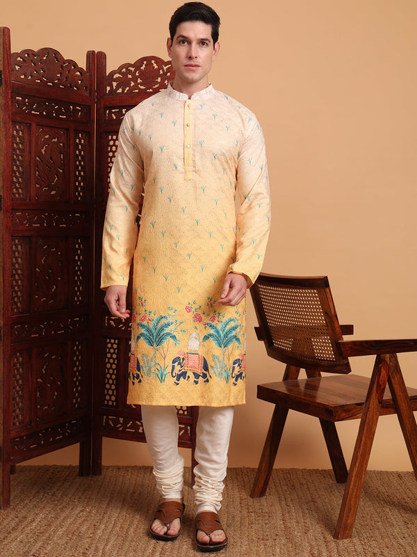 Amazing Yellow Color Cotton Fabric Mens Kurta