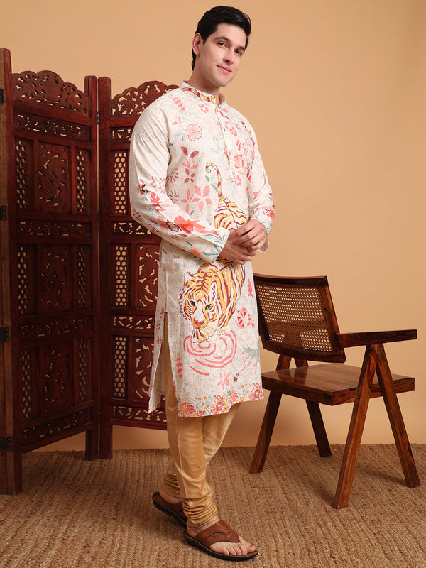 Amazing Cream Color Cotton Fabric Mens Kurta