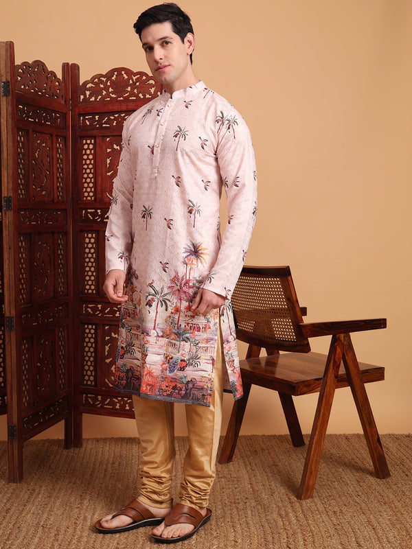 Amazing Peach Color Cotton Fabric Mens Kurta