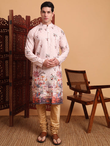 Amazing Peach Color Cotton Fabric Mens Kurta