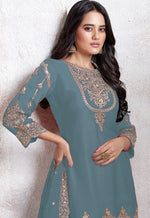Tasteful Grey Color Georgette Fabric Designer Suit