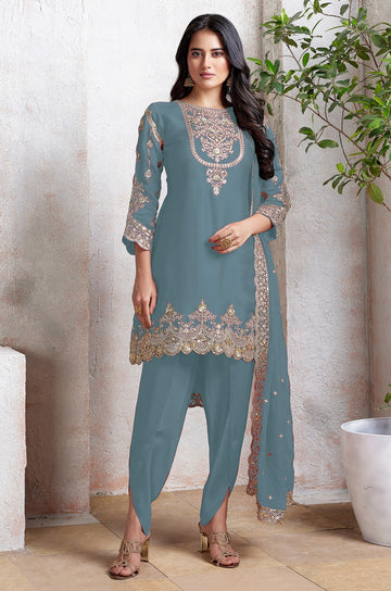 Tasteful Grey Color Georgette Fabric Designer Suit