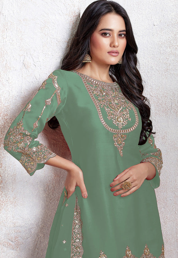 Tasteful Green Color Georgette Fabric Designer Suit
