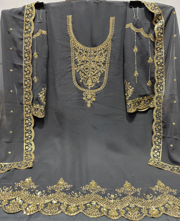 Tasteful Grey Color Georgette Fabric Designer Suit